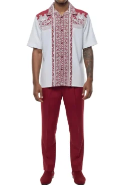 (3XL) Burgundy Design Walking Suit 2 Piece Short Sleeve Set