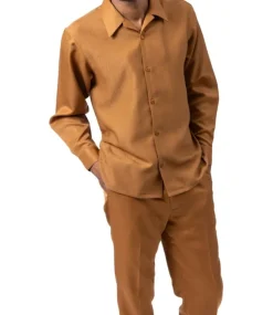 (3XL) Men’s 2 Piece Cappuccino Textured Pattern Long Sleeve Walking Suit